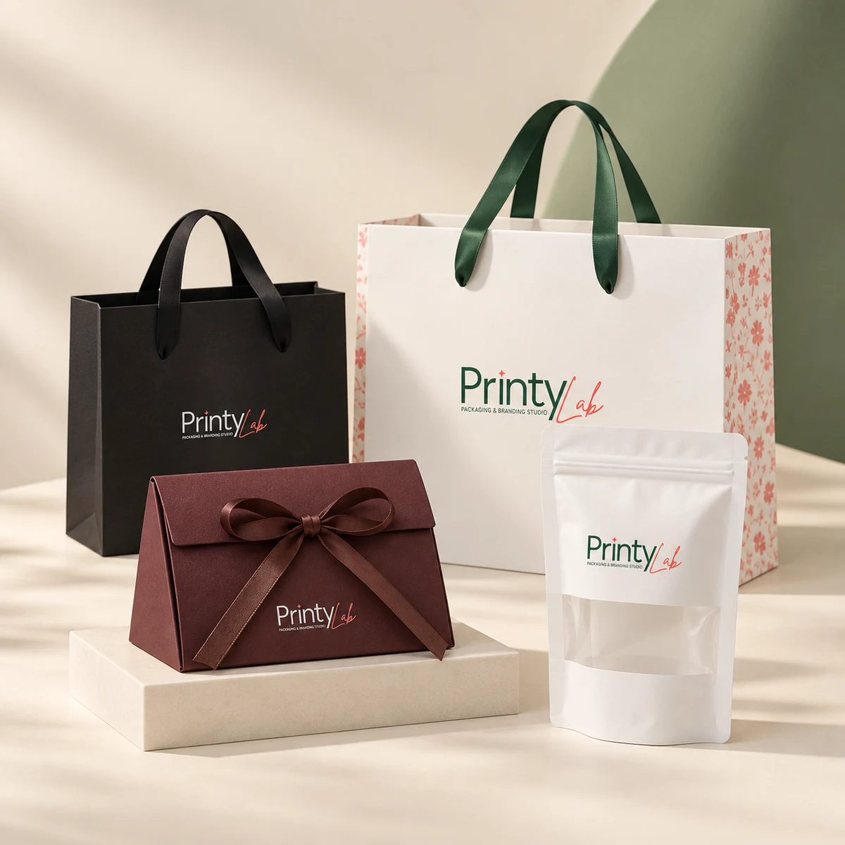 Conjunto de dos bolsas PrintyLab, caja con lazo y un pouch vacío sobre un fondo crema y verde salvia